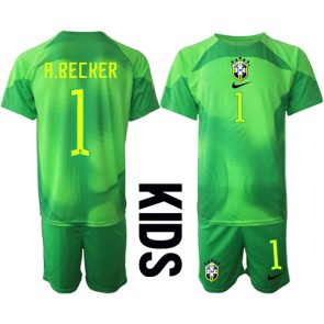 Brazil Alisson Becker #1 Goalkeeper Replica Away Stadium Kit for Kids World Cup 2022 Short Sleeve (+ pants)